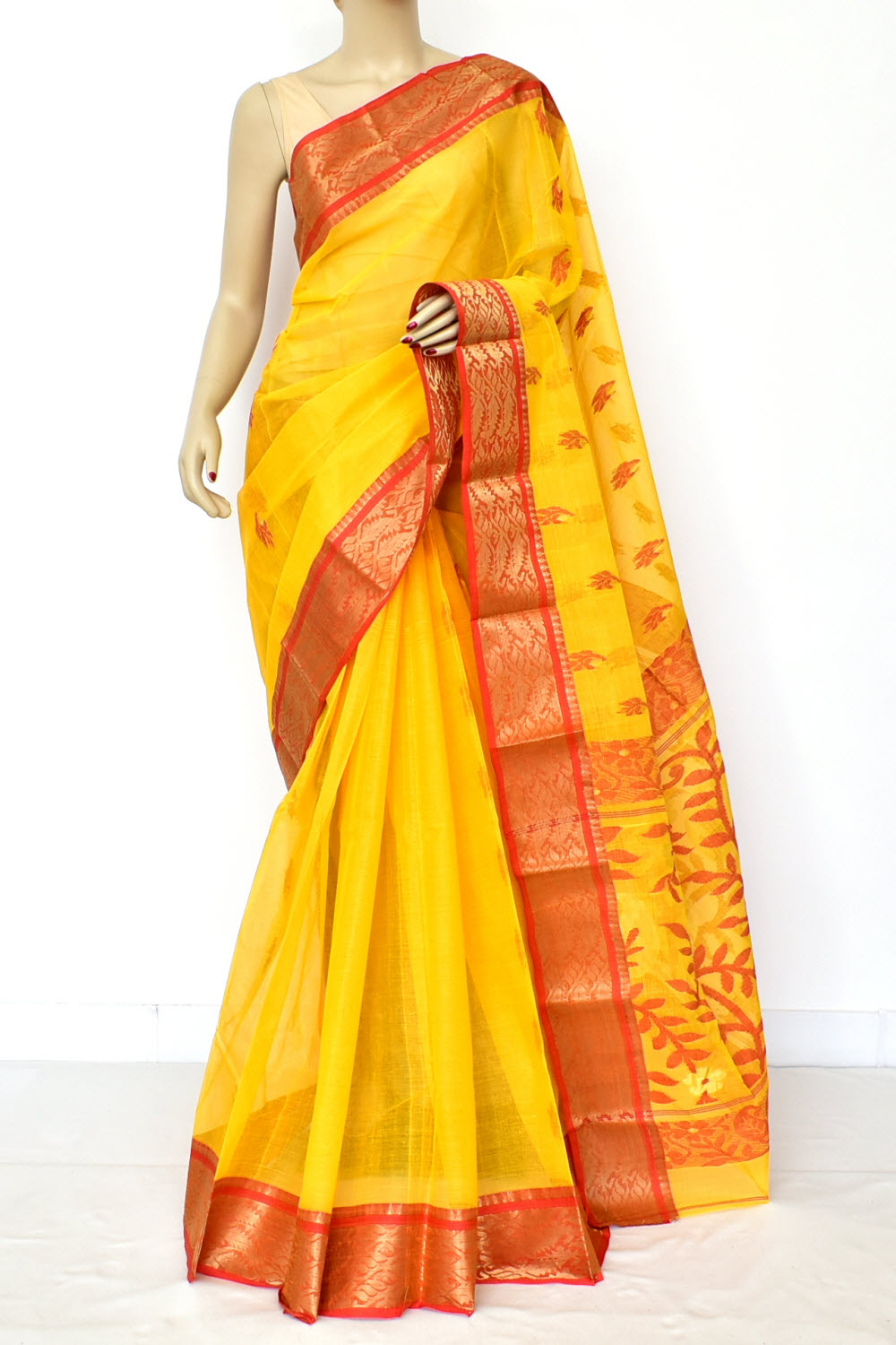 Yellow-Red Handwoven Tant Cotton Saree 17498
