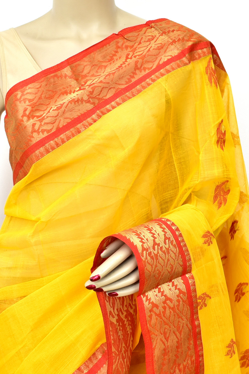 Yellow-Red Handwoven Tant Cotton Saree 17498