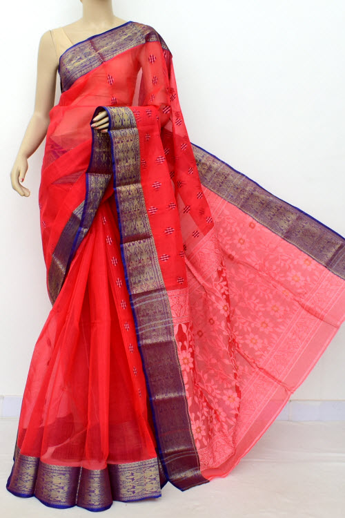 Tomato Red-Blue Handwoven Tant Cotton Saree