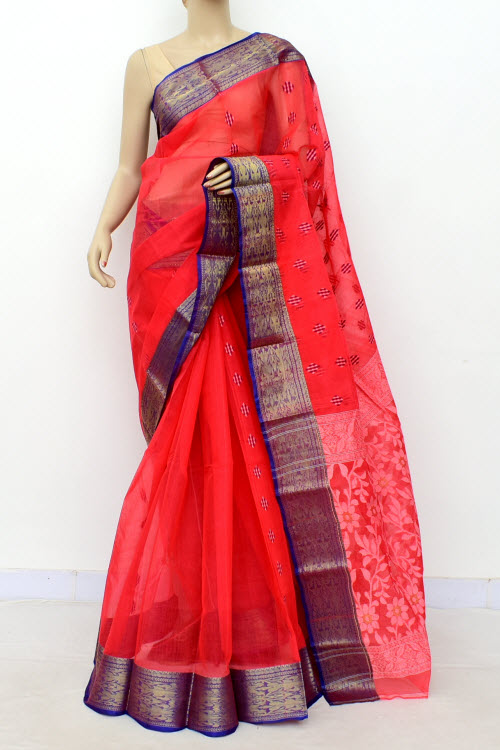 Tomato Red-Blue Handwoven Tant Cotton Saree