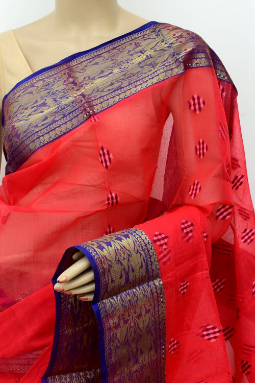 Tomato Red-Blue Handwoven Tant Cotton Saree