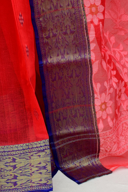 Tomato Red-Blue Handwoven Tant Cotton Saree