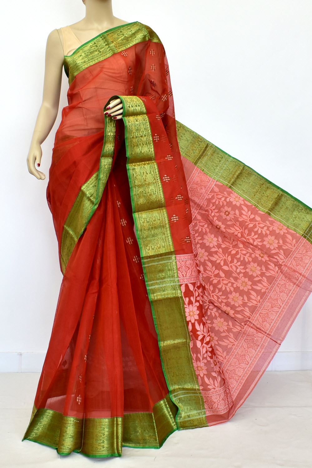 Brick Red-Green Handwoven Tant Cotton Saree