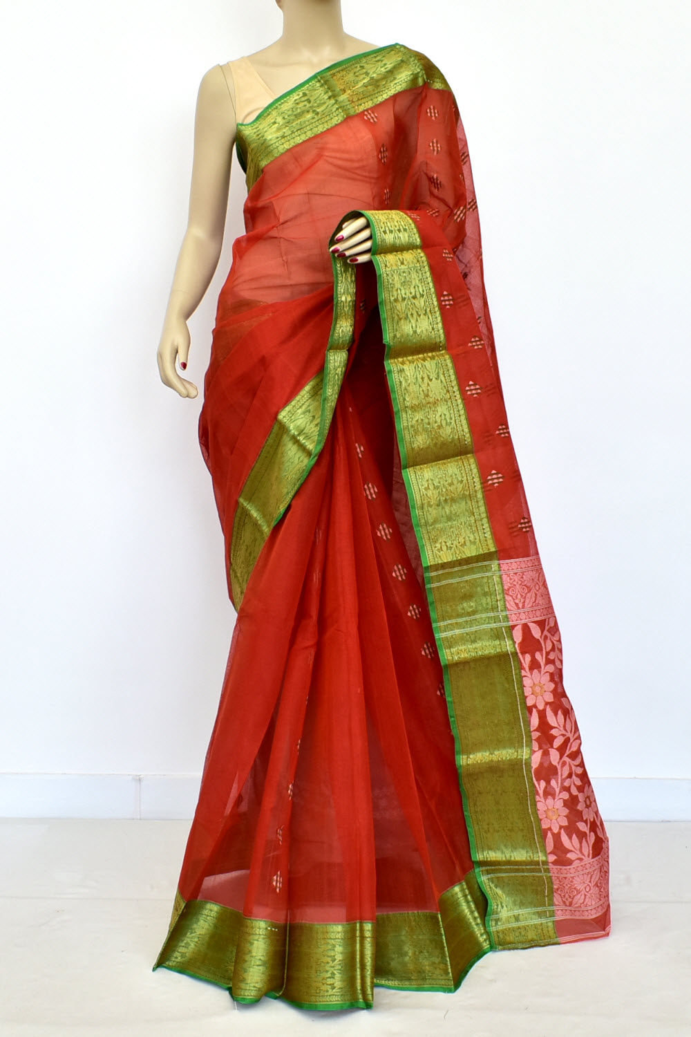 Brick Red-Green Handwoven Tant Cotton Saree