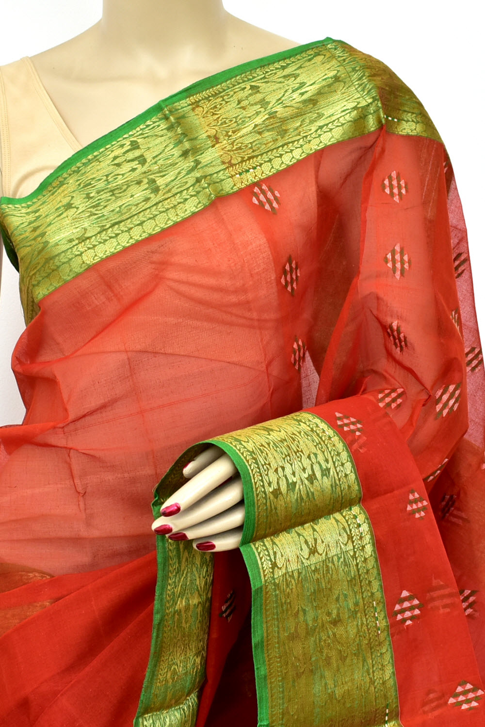 Brick Red-Green Handwoven Tant Cotton Saree