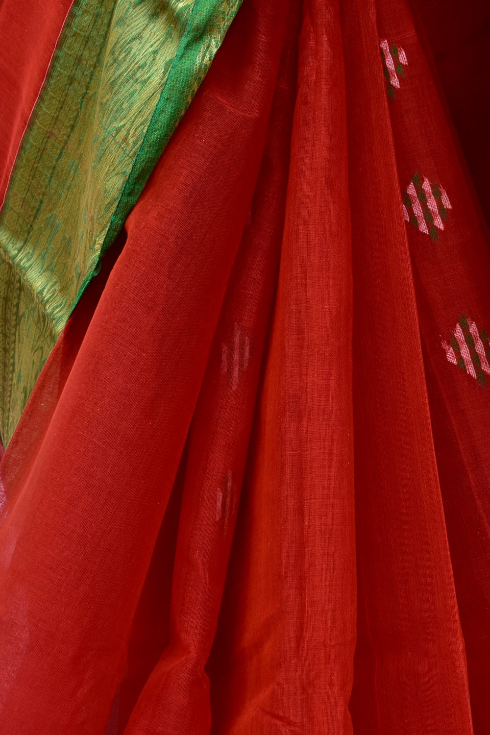 Brick Red-Green Handwoven Tant Cotton Saree