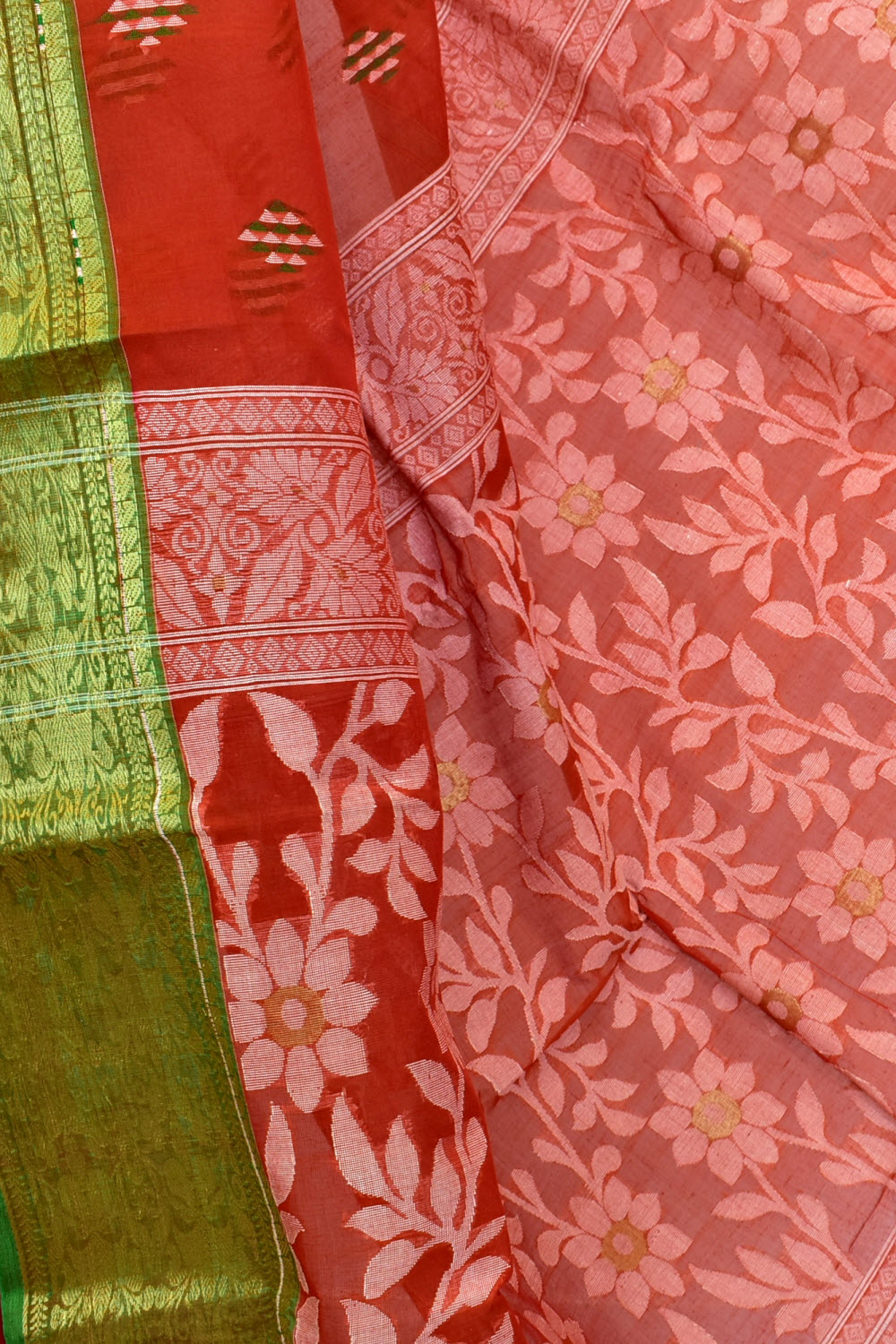 Brick Red-Green Handwoven Tant Cotton Saree