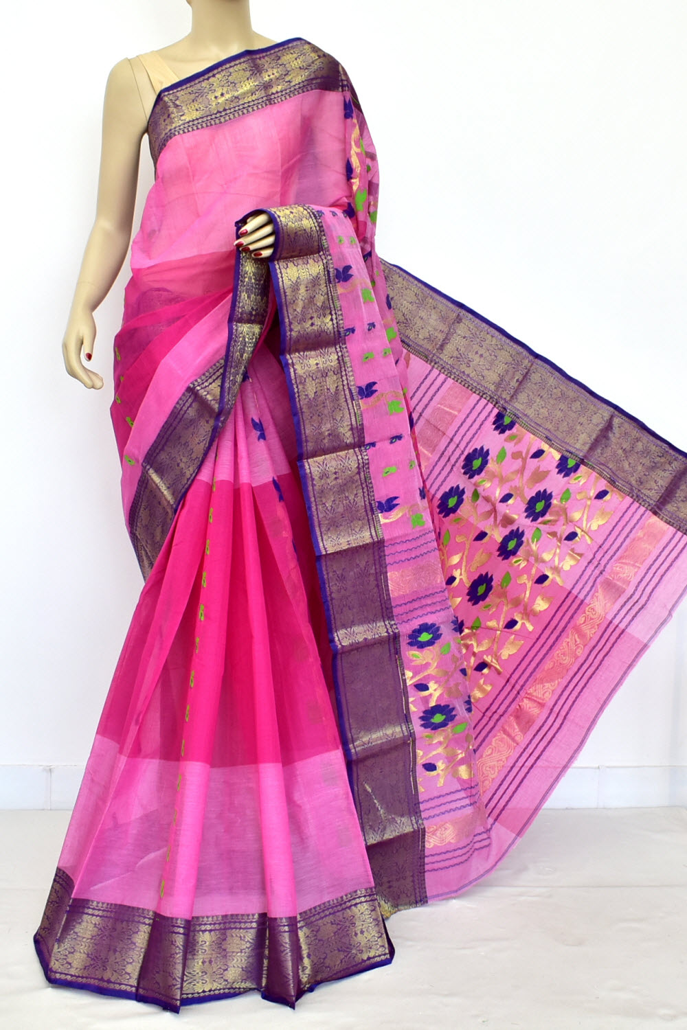 Pink-Blue Handwoven Tant Cotton Saree 17515