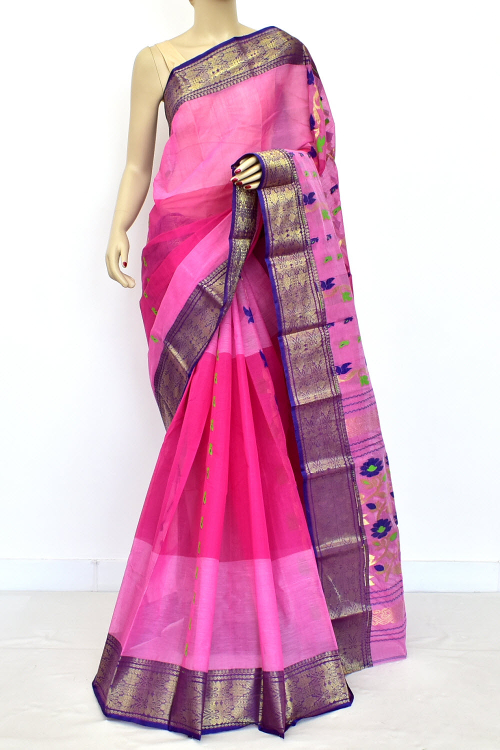 Pink-Blue Handwoven Tant Cotton Saree 17515