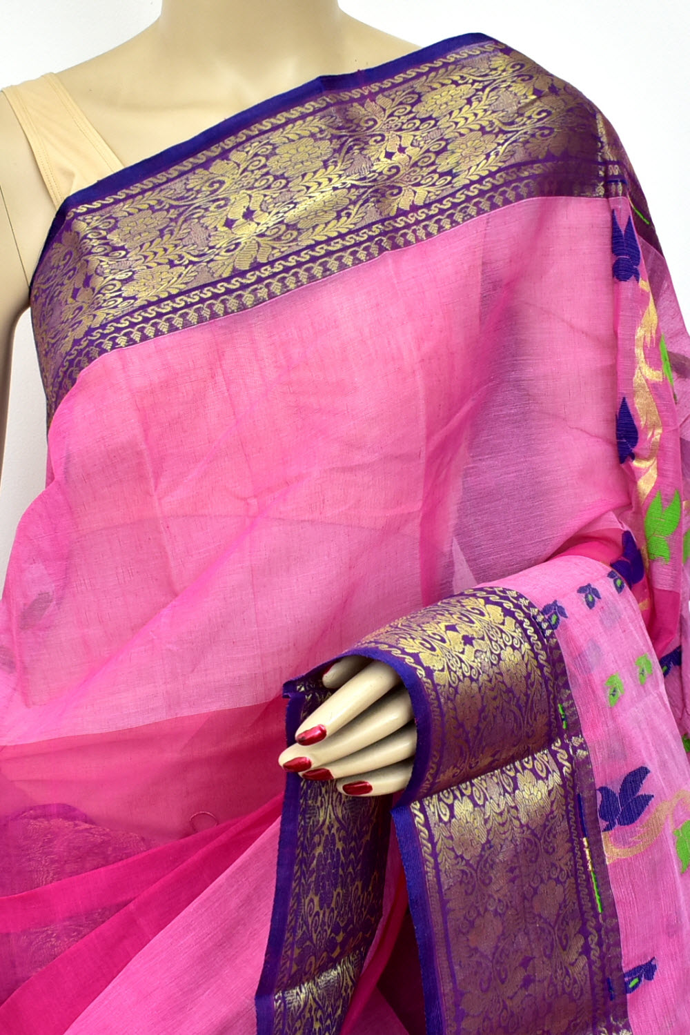 Pink-Blue Handwoven Tant Cotton Saree 17515