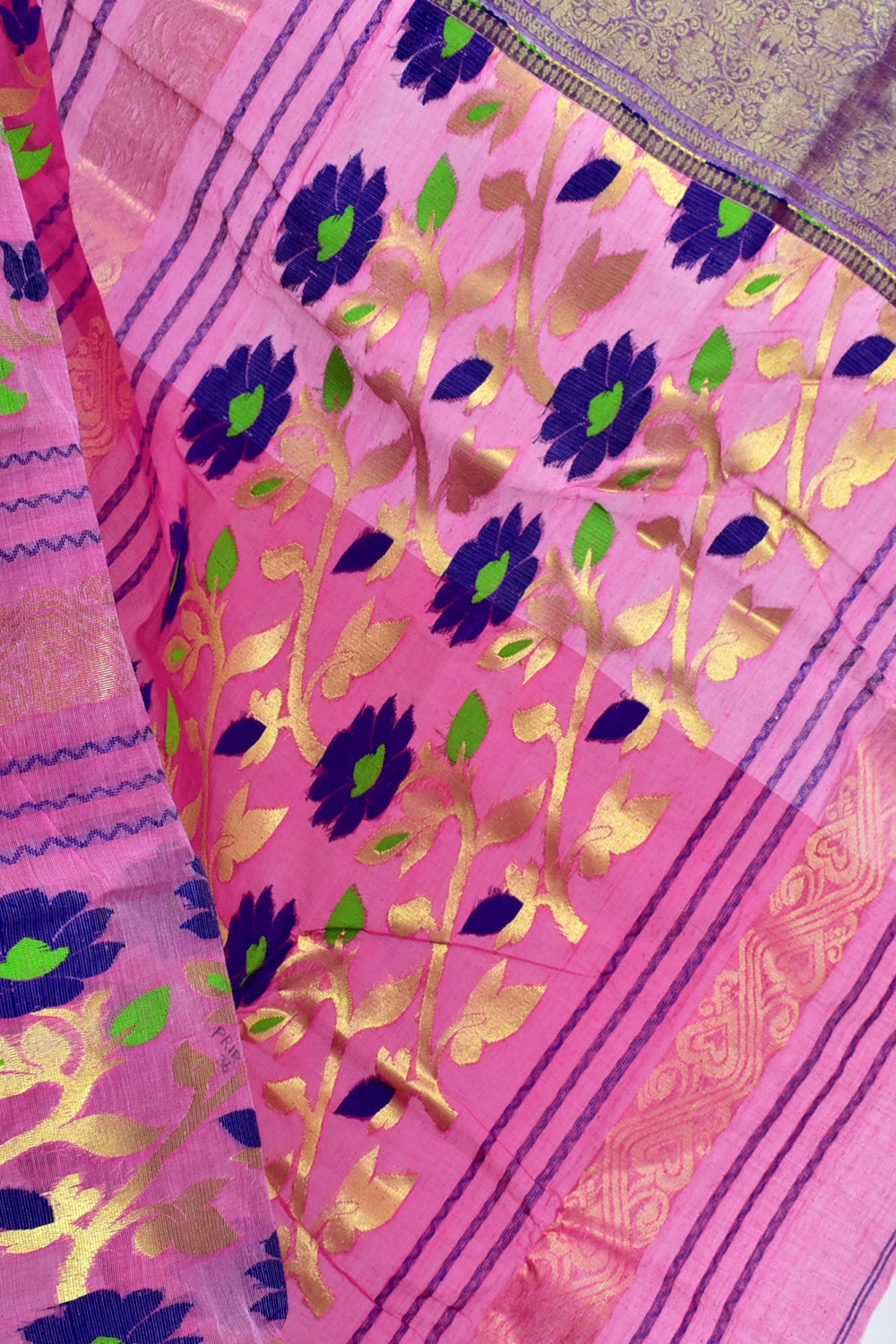 Pink-Blue Handwoven Tant Cotton Saree 17515