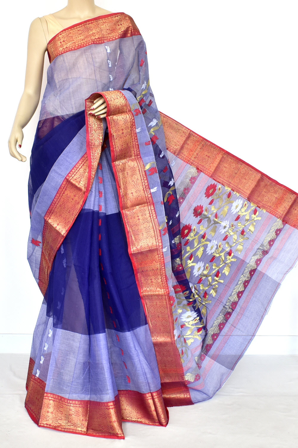 Blue-Red Handwoven Tant Cotton Saree 17516