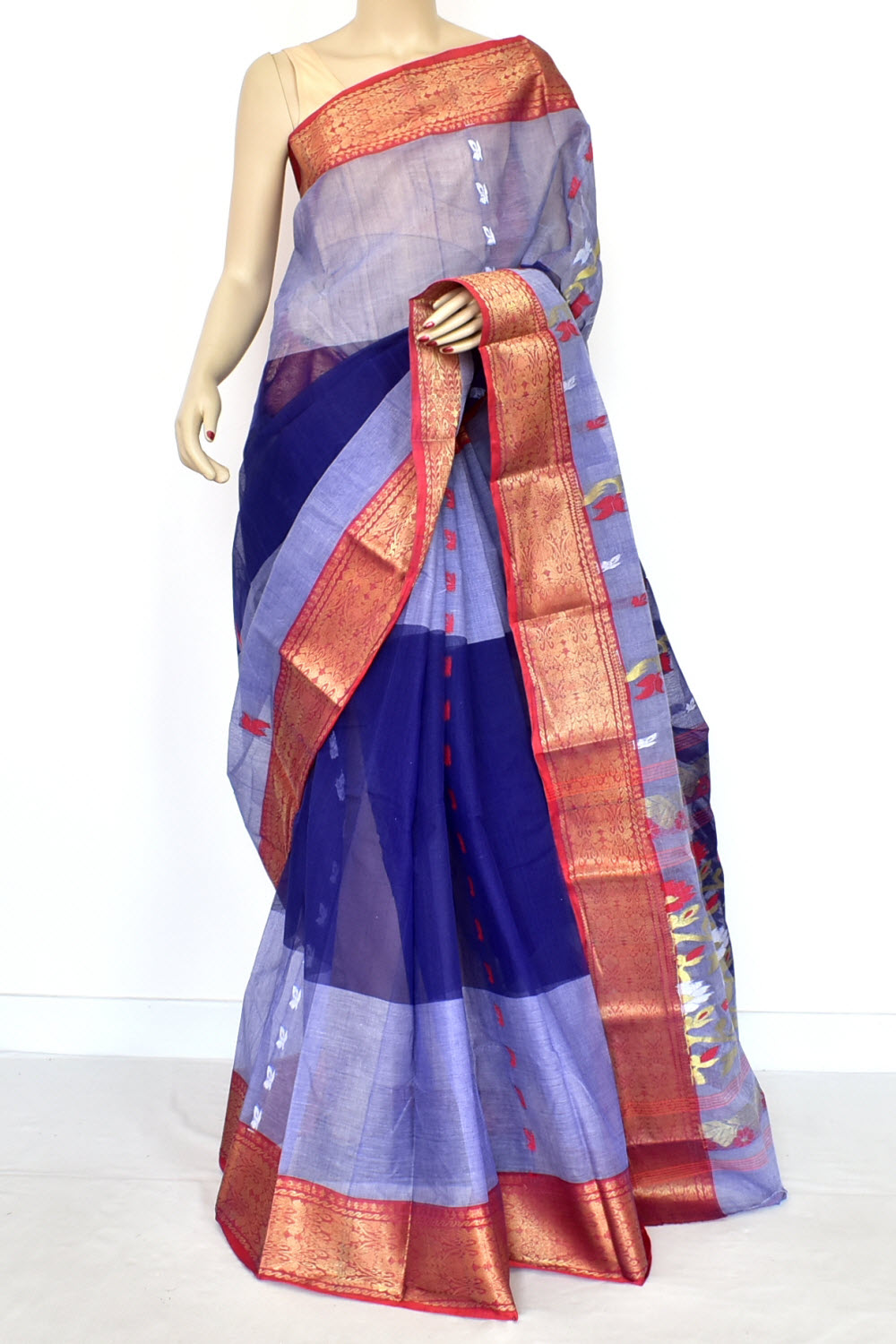 Blue-Red Handwoven Tant Cotton Saree 17516
