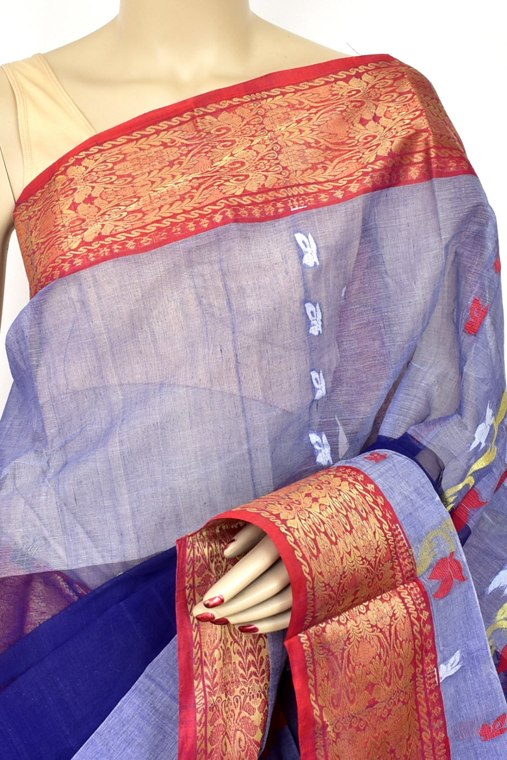 Blue-Red Handwoven Tant Cotton Saree 17516