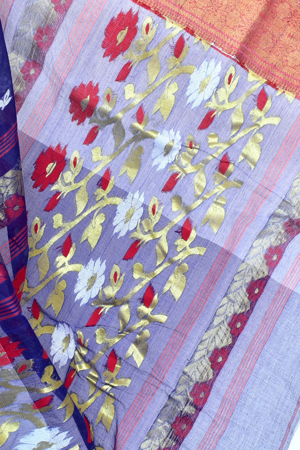 Blue-Red Handwoven Tant Cotton Saree 17516