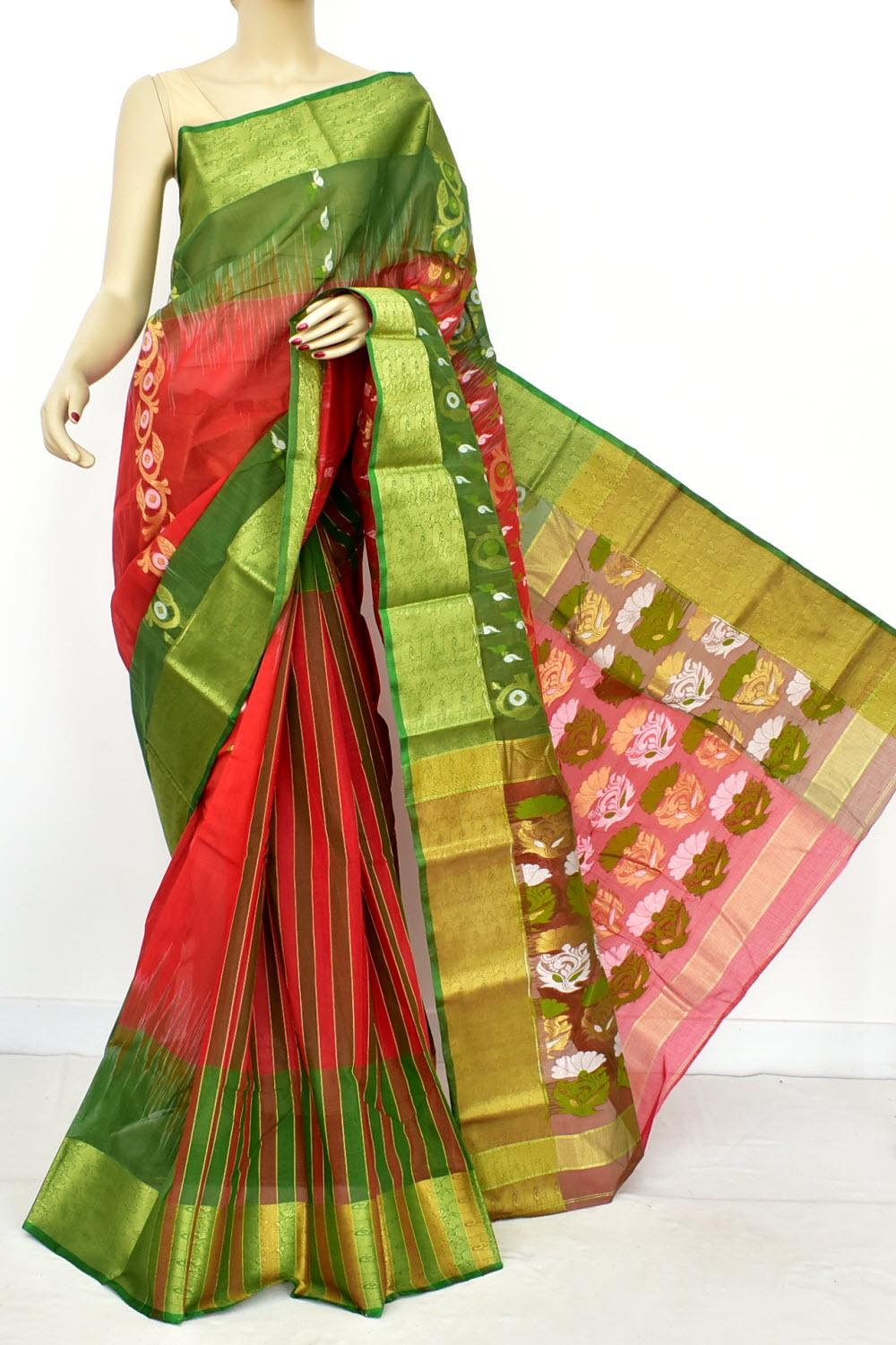 Red-Green Handwoven Tant Cotton Saree 17520