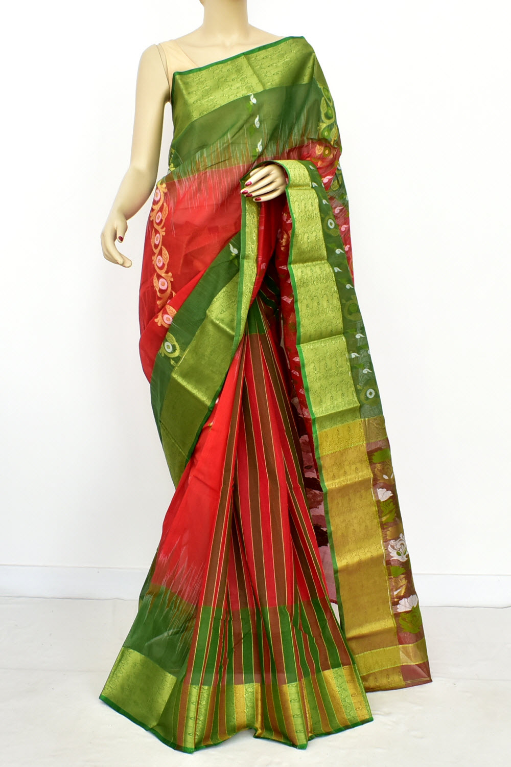 Red-Green Handwoven Tant Cotton Saree 17520