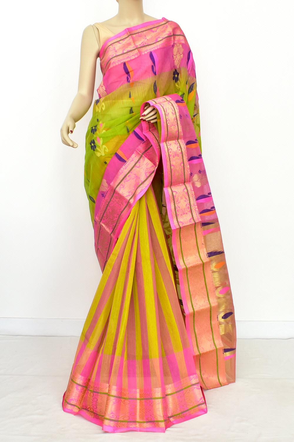 Pear Green-Pink Handwoven Tant Cotton Saree 17525
