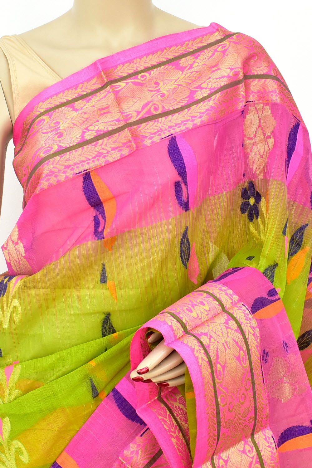 Pear Green-Pink Handwoven Tant Cotton Saree 17525