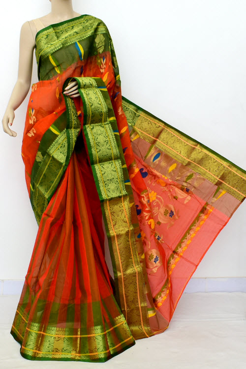 Orange-Green Handwoven Tant Cotton Saree 17528