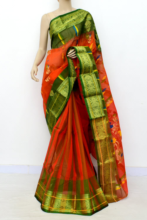 Orange-Green Handwoven Tant Cotton Saree 17528