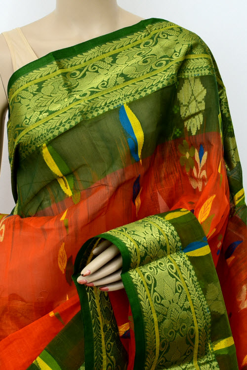 Orange-Green Handwoven Tant Cotton Saree 17528