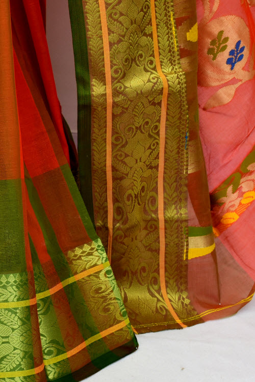 Orange-Green Handwoven Tant Cotton Saree 17528