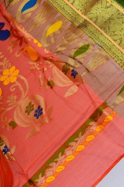 Orange-Green Handwoven Tant Cotton Saree 17528