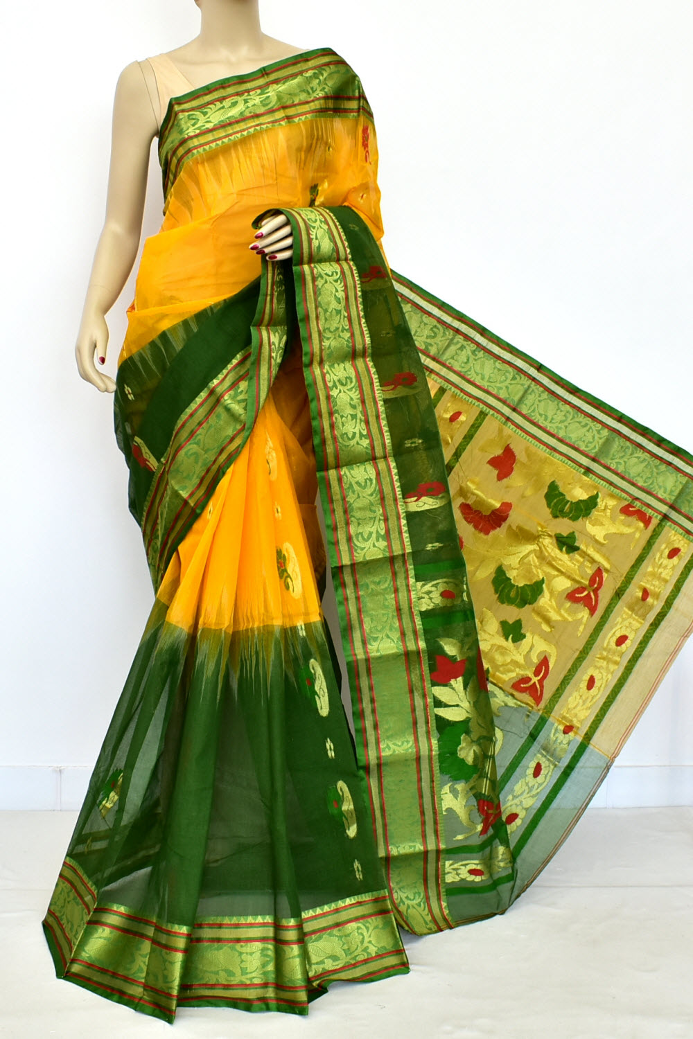 Yellow-Green Handloom Tant Cotton Saree