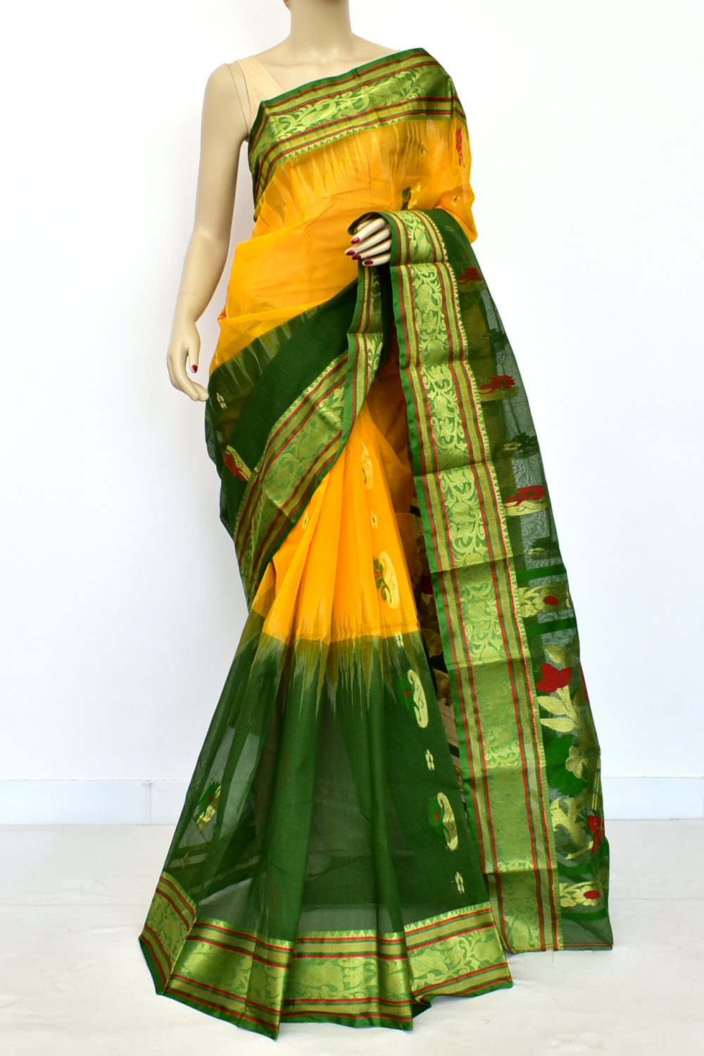 Yellow-Green Handloom Tant Cotton Saree