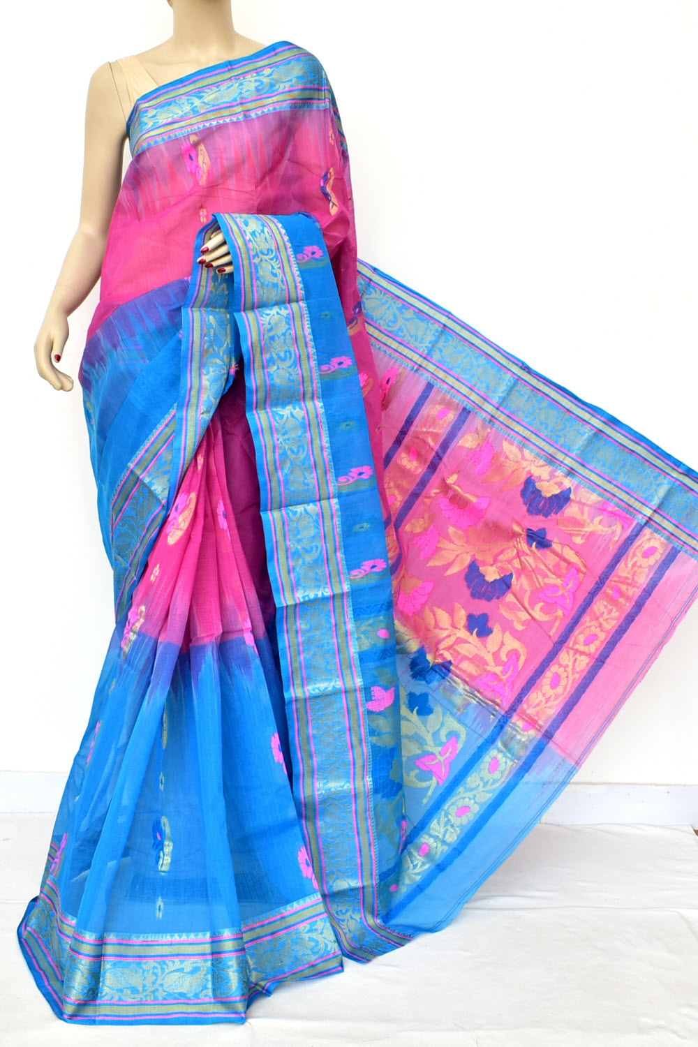 Pherozi Blue-Pink Handloom Tant Cotton Saree