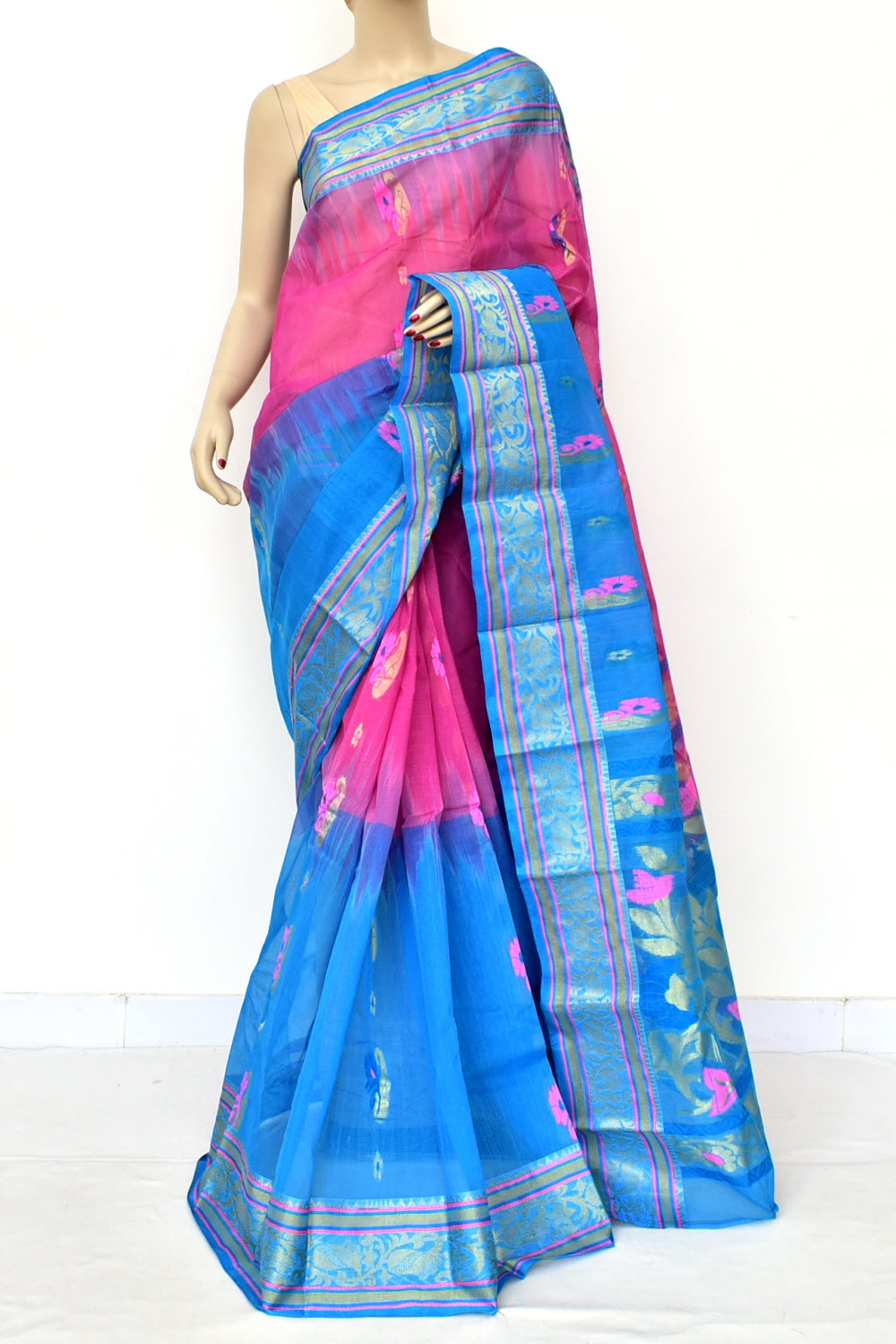 Pherozi Blue-Pink Handloom Tant Cotton Saree