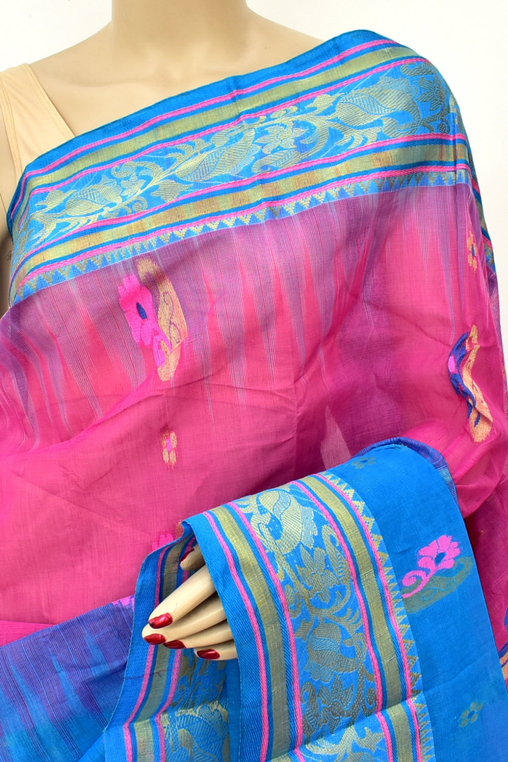 Pherozi Blue-Pink Handloom Tant Cotton Saree