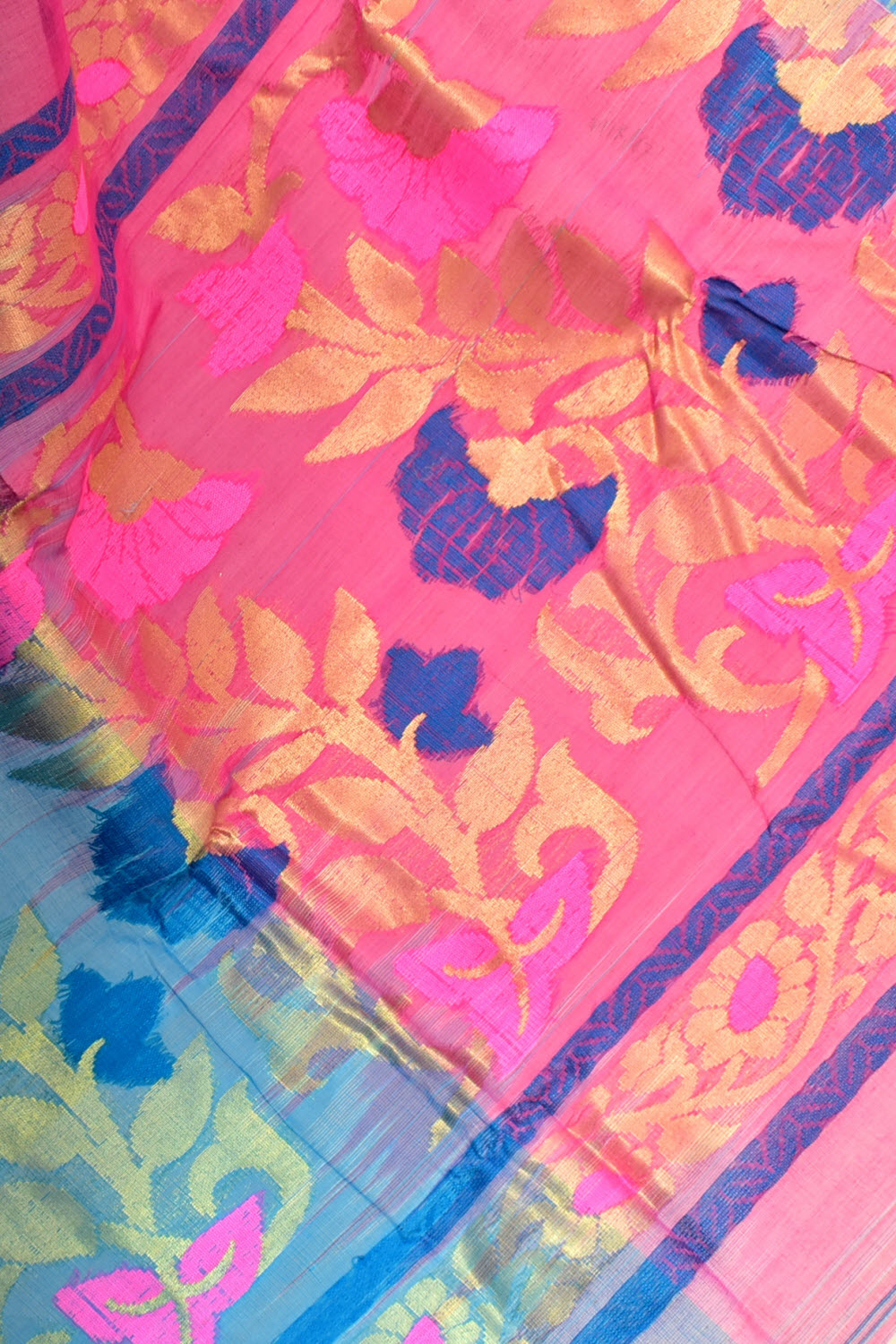 Pherozi Blue-Pink Handloom Tant Cotton Saree