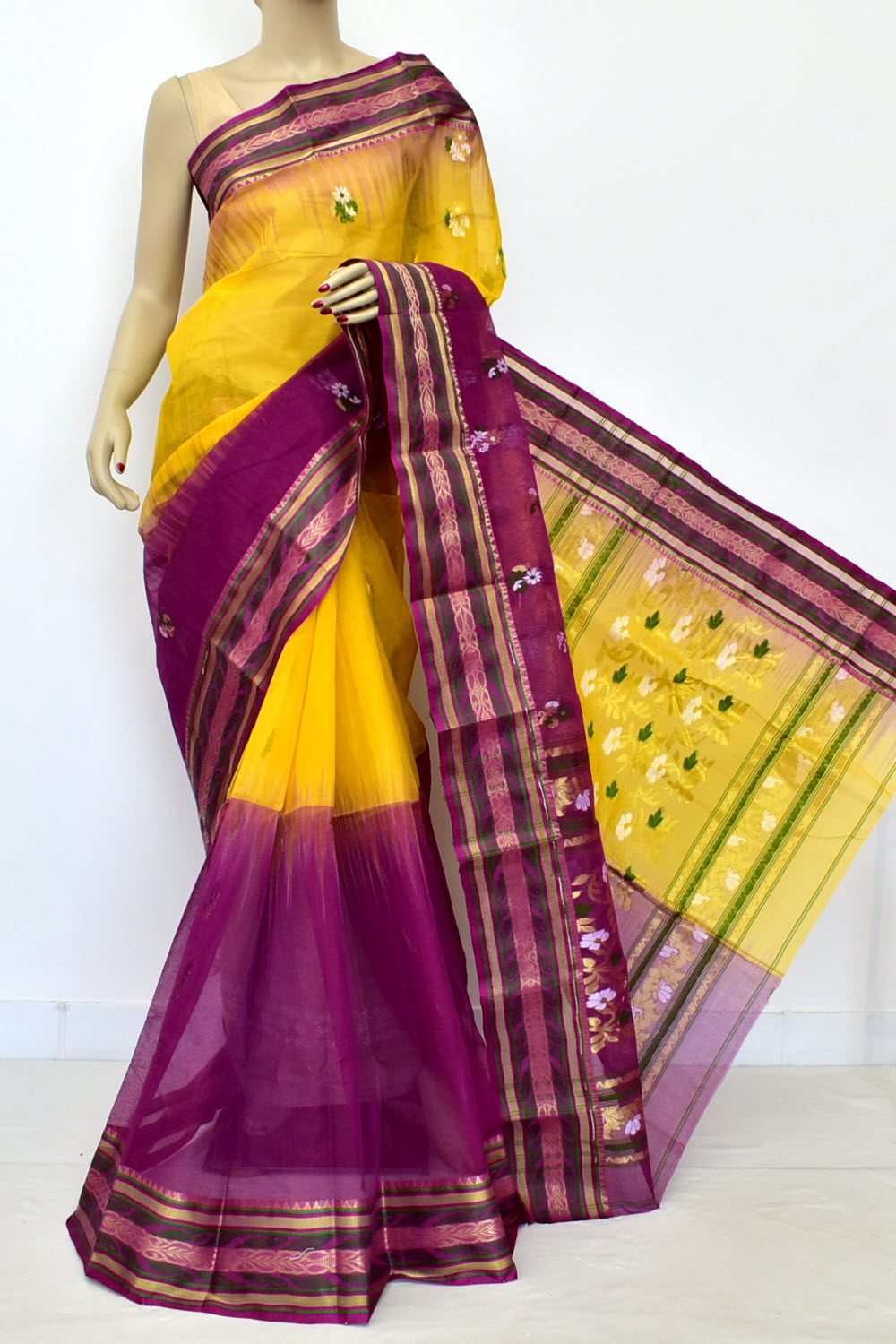 Purple-Yellow Handloom Tant Cotton Saree