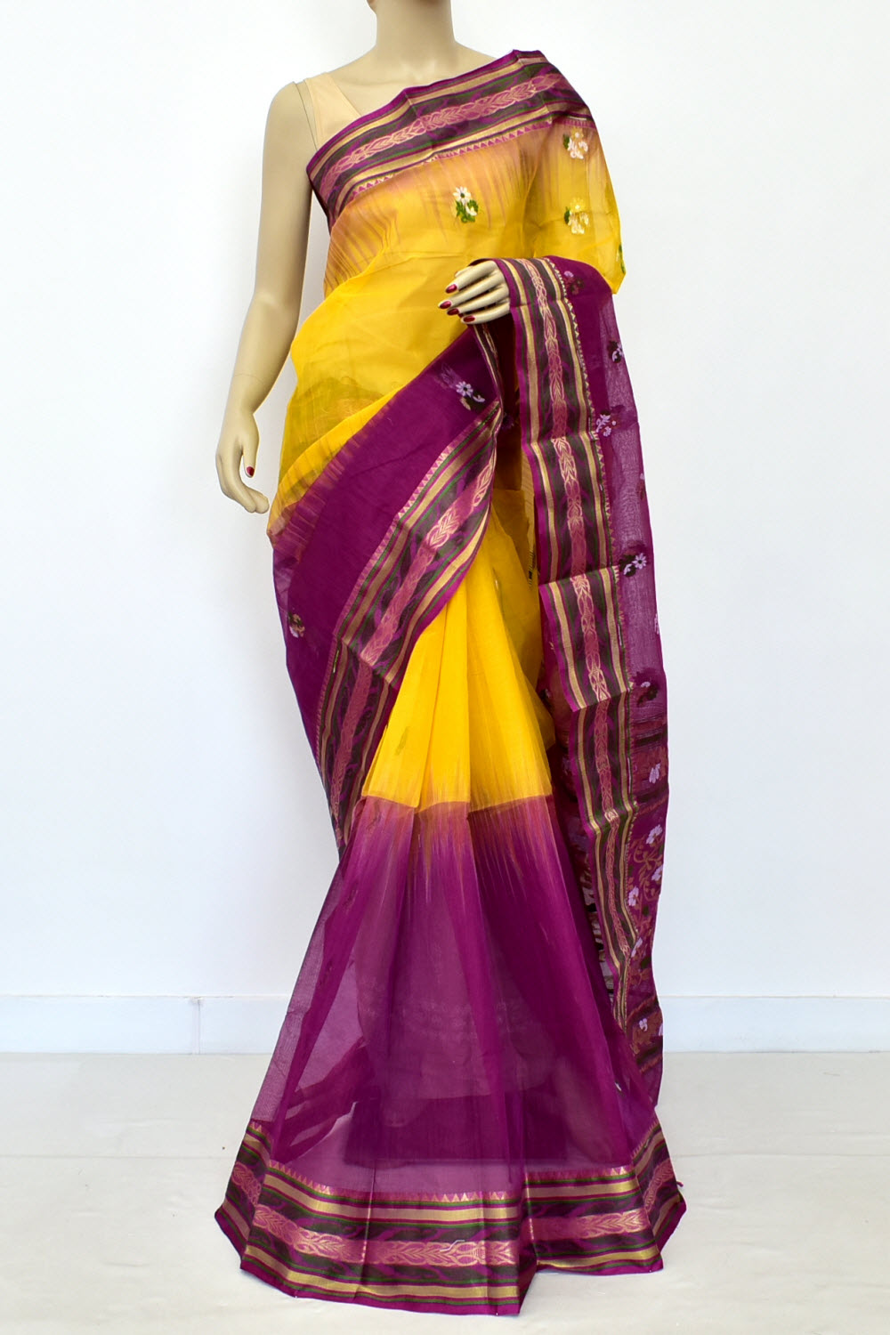 Purple-Yellow Handloom Tant Cotton Saree