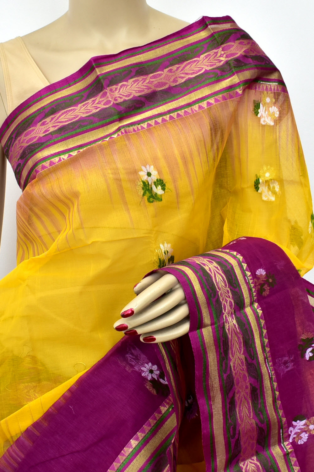 Purple-Yellow Handloom Tant Cotton Saree