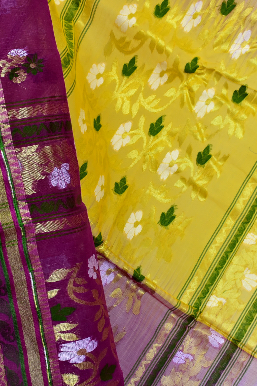 Purple-Yellow Handloom Tant Cotton Saree