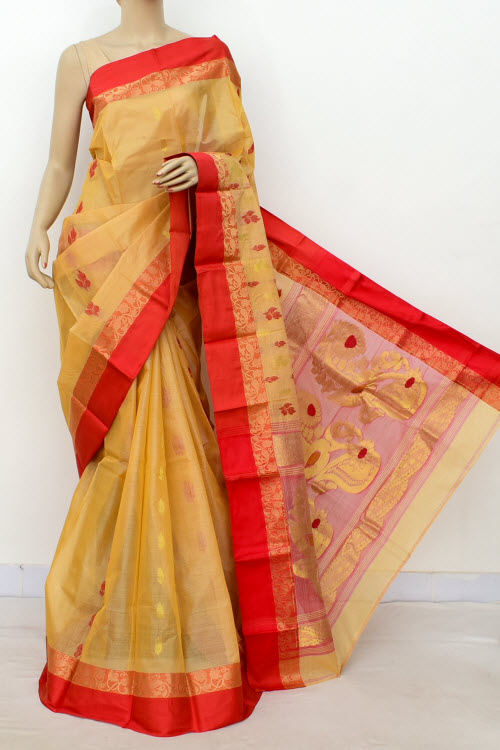 Fawn-Red Handloom Tant Tusser Silk Saree