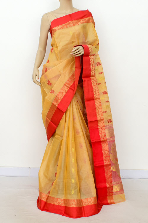 Fawn-Red Handloom Tant Tusser Silk Saree
