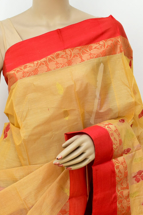 Fawn-Red Handloom Tant Tusser Silk Saree