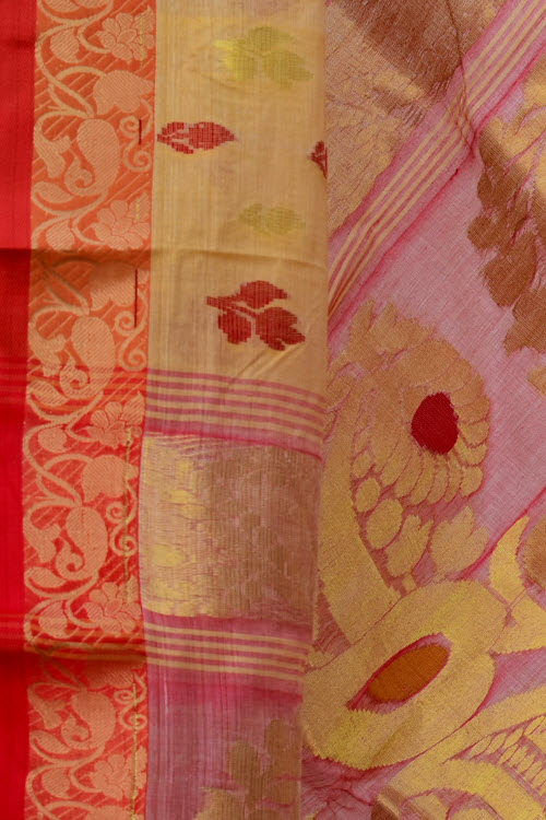 Fawn-Red Handloom Tant Tusser Silk Saree