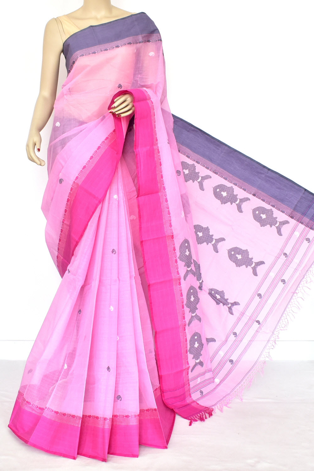 Pink Handloom Tant Cotton Saree with Blouse Ganga Yamuna Border 17545