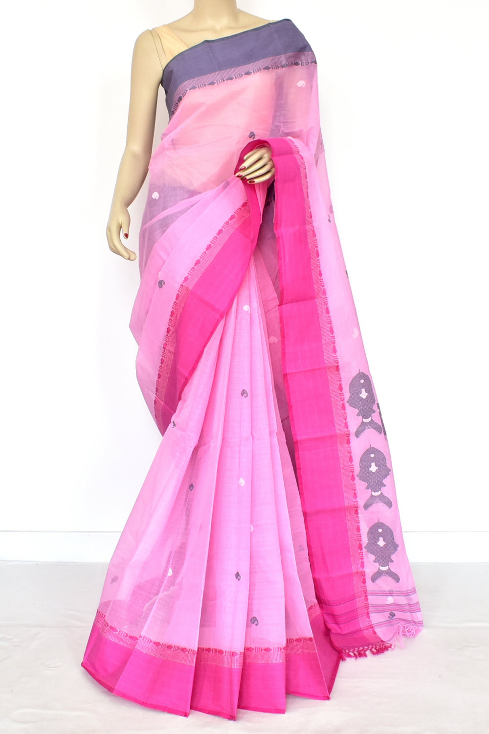 Pink Handloom Tant Cotton Saree with Blouse Ganga Yamuna Border 17545