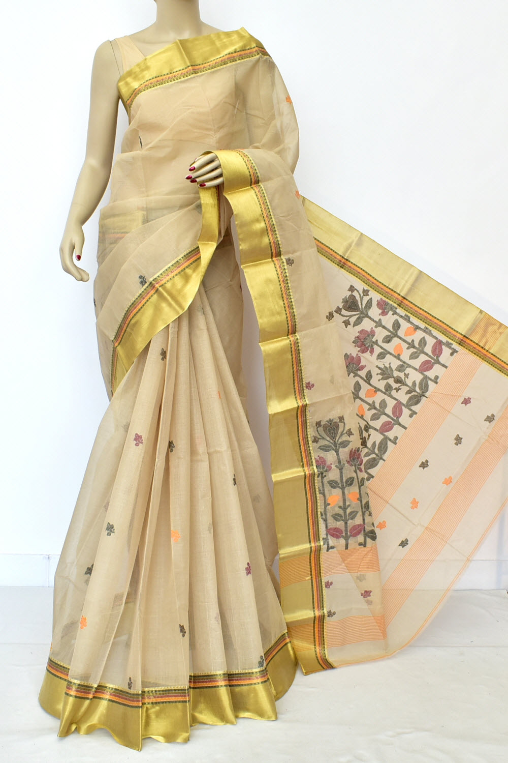 Beige Handloom Tant Cotton Jamdani Saree with Blouse