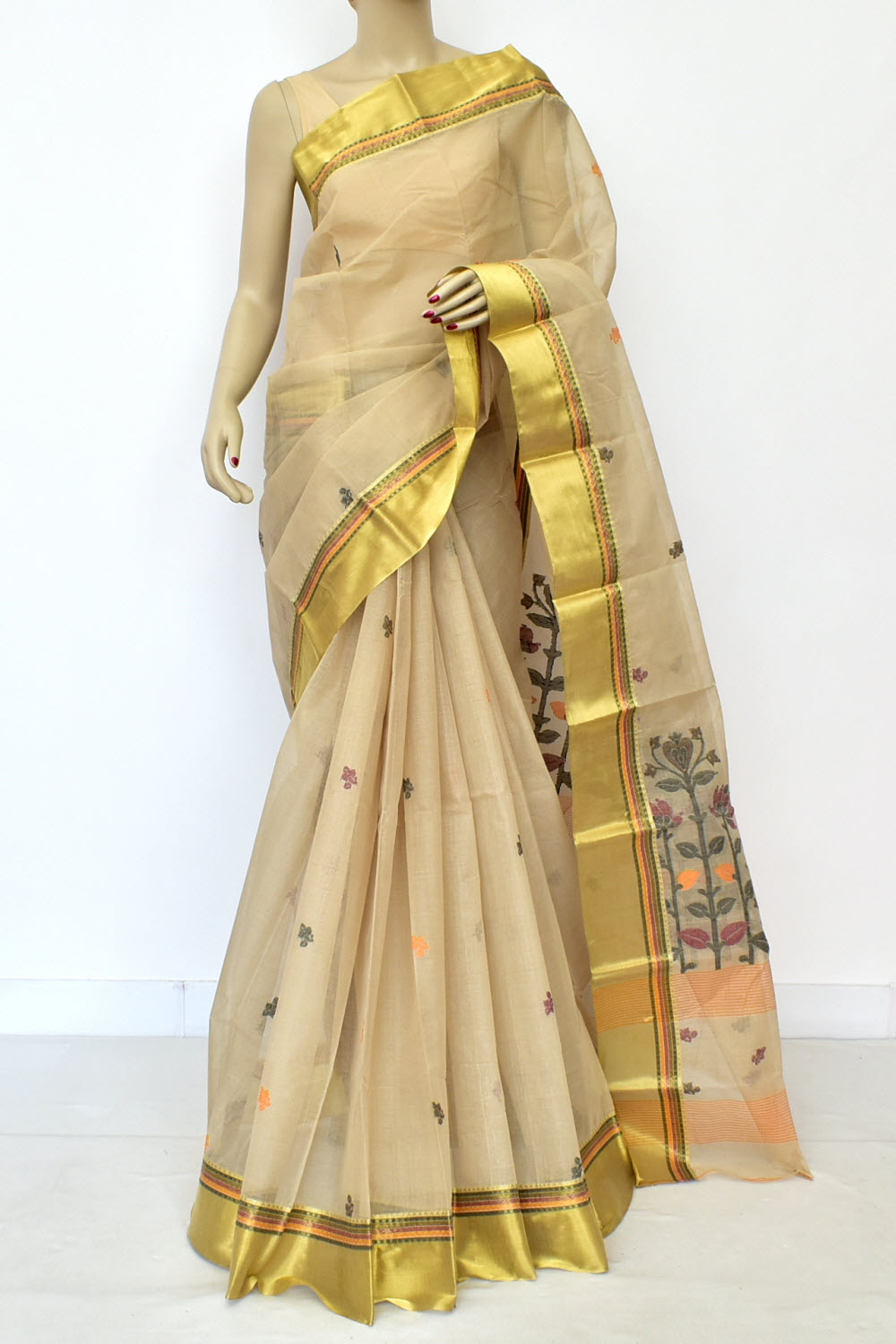 Beige Handloom Tant Cotton Jamdani Saree with Blouse