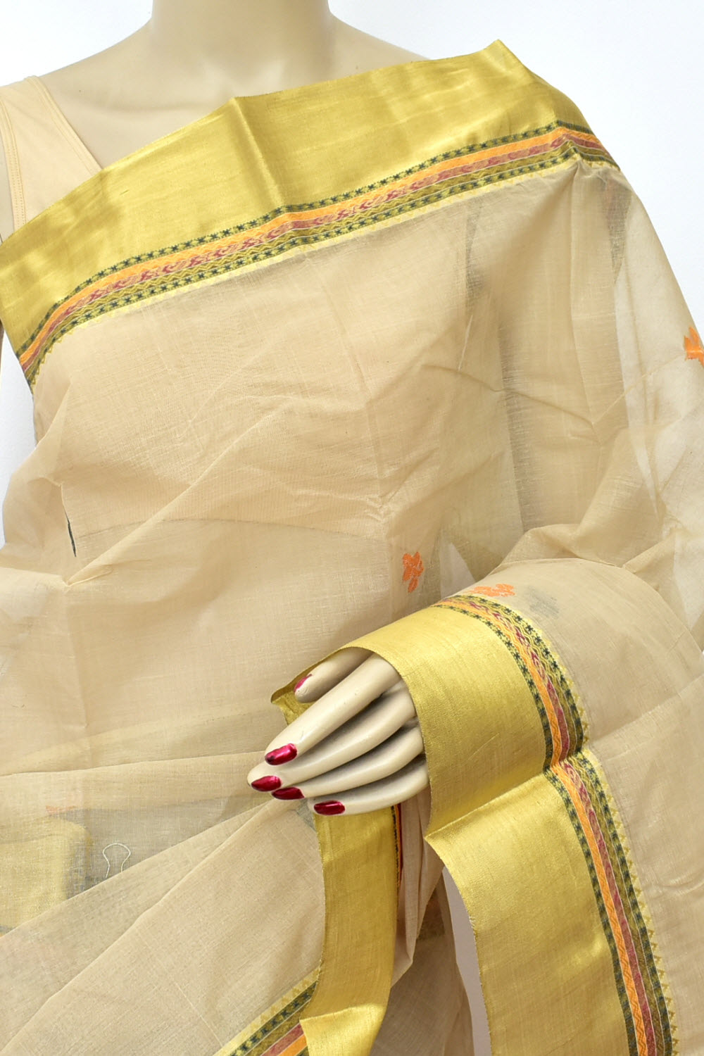Beige Handloom Tant Cotton Jamdani Saree with Blouse