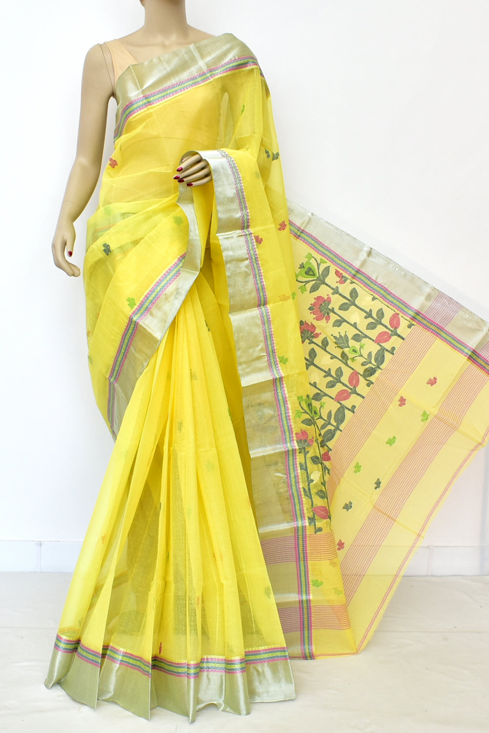 Yellow Handloom Tant Cotton Jamdani Saree with Blouse