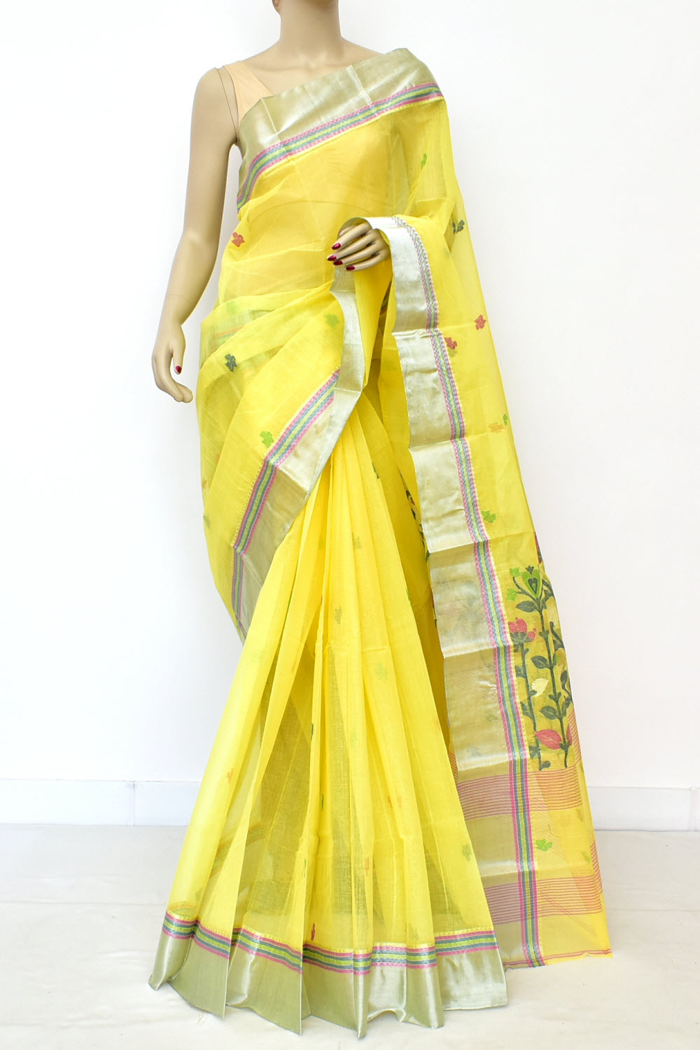 Yellow Handloom Tant Cotton Jamdani Saree with Blouse