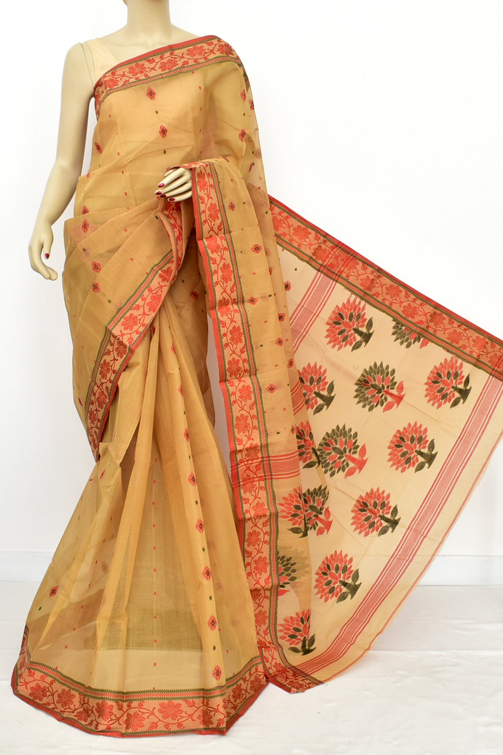 Fawn-Red Handloom Tant Cotton Saree